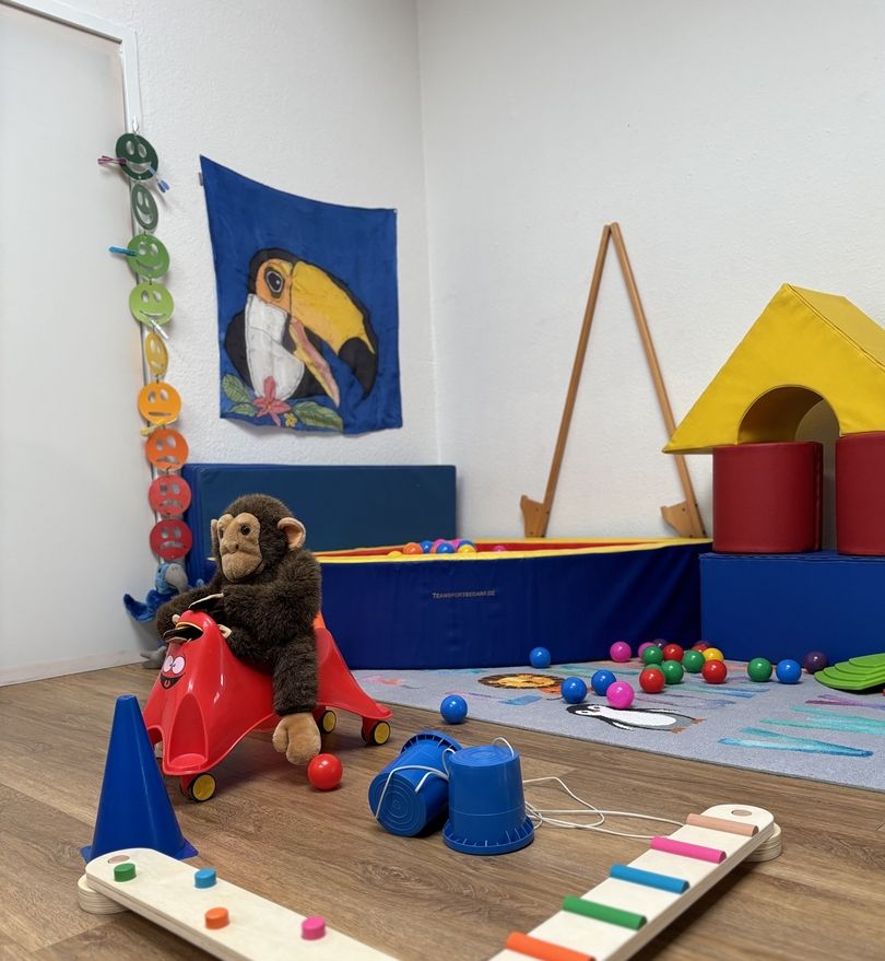 Motorisch funktionelle Behandlung anhand von farbenfrohen Spielzeug.